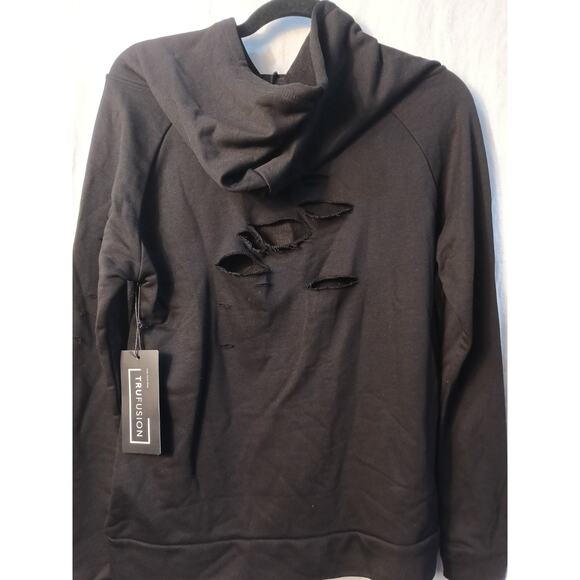 TruFusion Distressed Cropped Hoodie Black Small - Picture 2 of 6